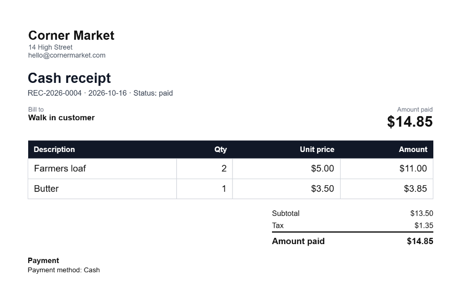 Free cash receipt example online: cash receipt REC-2026-0004 for a market sale with Amount paid total and Payment method Cash
