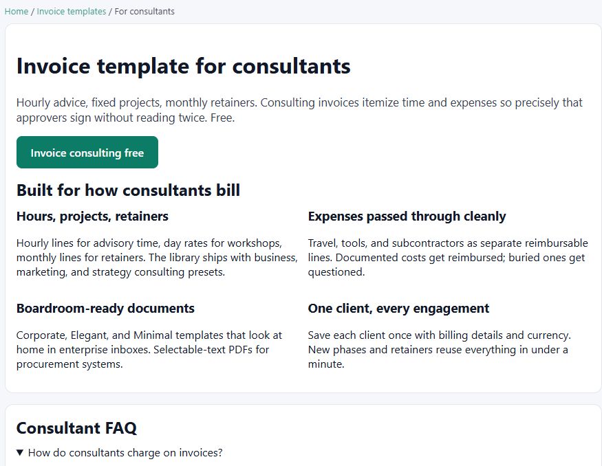 The consultant invoice template page showing hourly, project and retainer billing, expenses passed through as separate lines, and a consultant FAQ