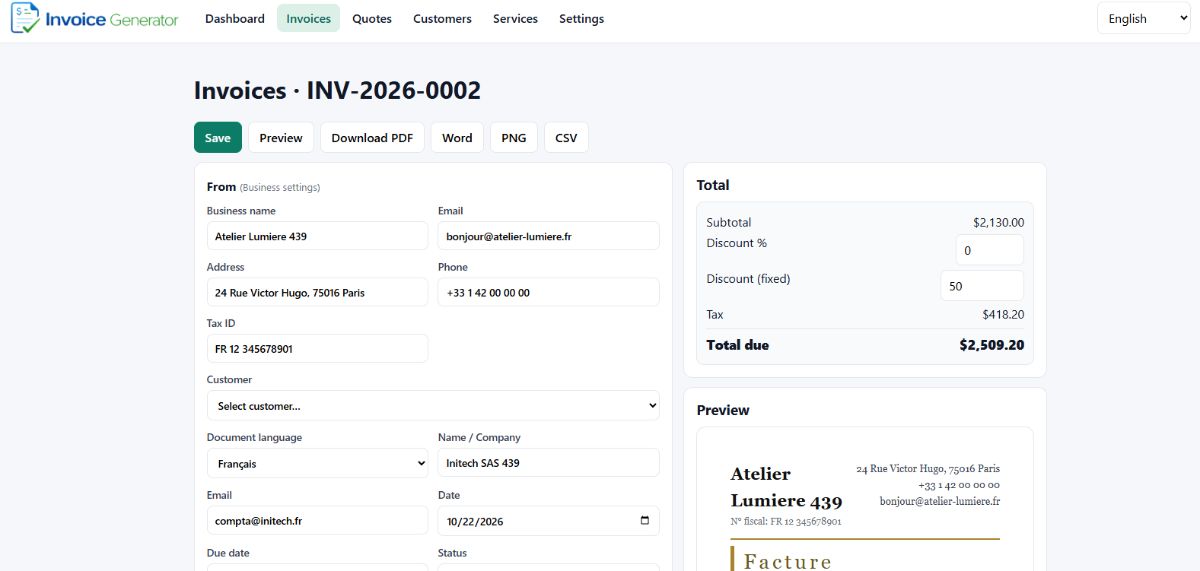Screenshot of the Invoice Generator editor: business and customer details on the left, a totals panel showing subtotal, discount, tax and total due on the right, and a live invoice preview underneath
