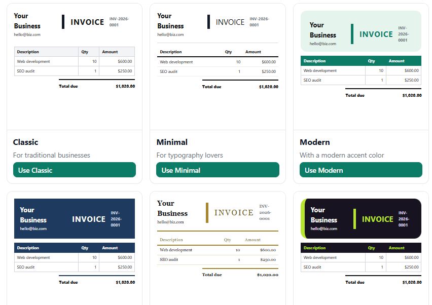 Six invoice templates: Classic, Minimal, Modern, Corporate, Elegant and Creative, each with a line item table and total due
