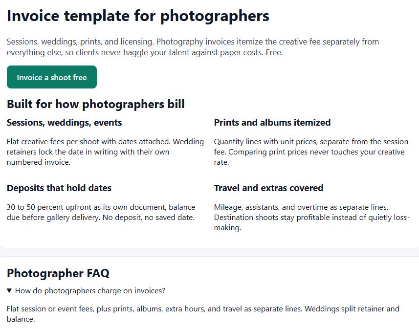 The photographer invoice template page with sessions, weddings and events, itemized prints, date holding deposits and travel as separate lines