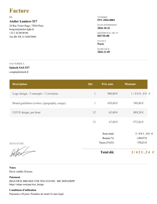 French invoice PDF example: business details, line item table, subtotal, discount, VAT, total due, signature and payment